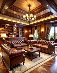 A classic leather lounge with chesterfield seating, bookshelves and warm light