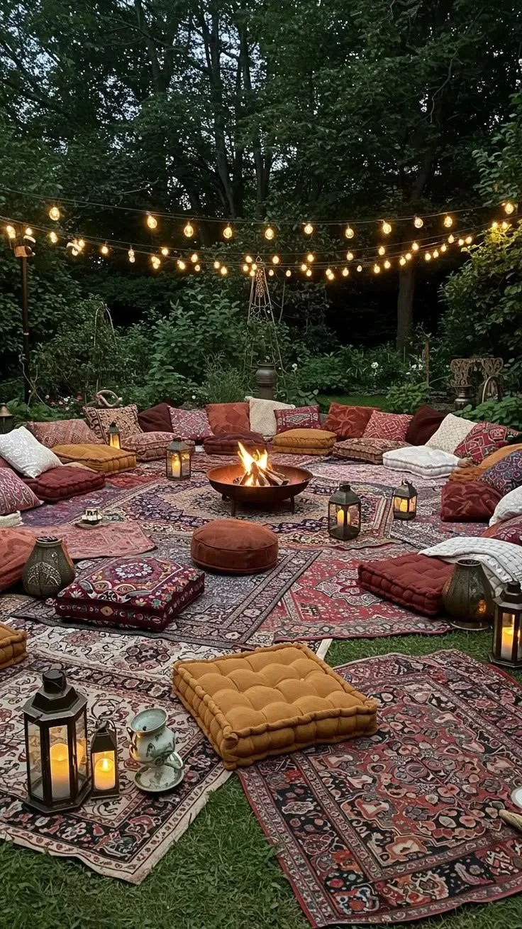 A lantern-lit evening gathering on cushions and carpets